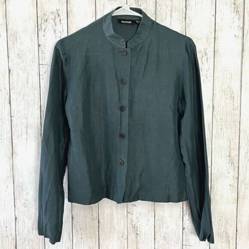 Vintage Emanuel Ungaro‎ Womens Silk/Linen Blouse Button Front Green Size 10 / 44